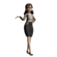 Fototapeta premium Professional Male Teacher in 3D. A female teacher walks with her left hand on her waist while her right hand is stretched out to the right with her palm open facing up, as if explaining something. Cl