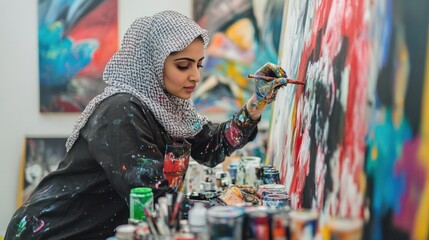 Saudi Arabian women artists, creating contemporary art in a studio