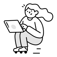 Girl browsing on laptop, doodle icon 