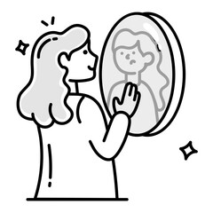 Girl looking in mirror and feeling self hate, doodle icon  