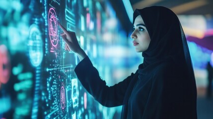Saudi Arabian women at a technology conference, interacting with digital displays