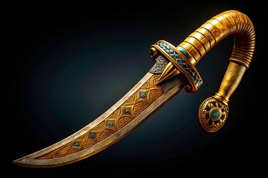 Ancient Egyptian curved blade khopesh sickle sword with intricate hieroglyphics and golden accents, isolated on a dark