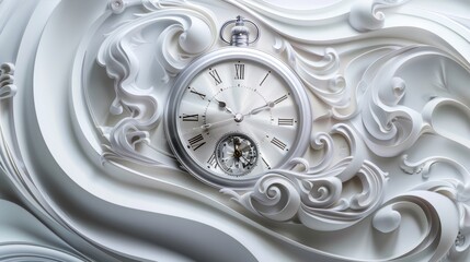 Intricate Paper Art Collage Depicting Time with Elegant Clock and Flowing Abstract Patterns