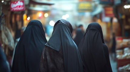 Saudi Arabian women wearing traditional abayas, walking in a bustling marketplace
