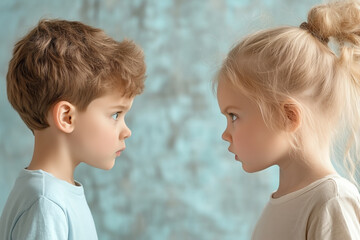 Two children staring intently at each other against a soft blue background during a calm afternoon