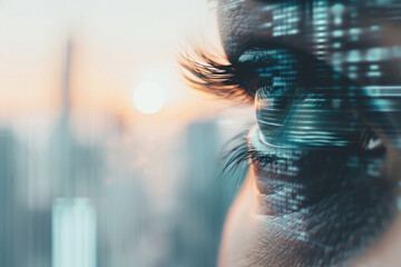 Futuristic visual enhancement biohacking. Eyes with augmented reality contact lenses, advanced data overlay in vision, sci-fi cityscape background, cutting-edge ocular technology concept illustration.