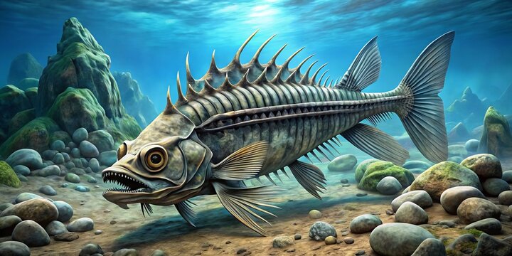 Ancient fossilized remains of placoderms, armored fish-like creatures with bony plates and spiked fins, lies embedded