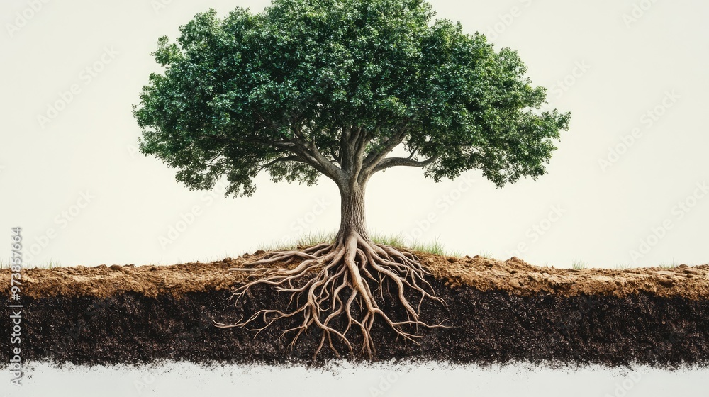 Poster a cross-section of a tree, revealing its intricate root structure and the surrounding soil.