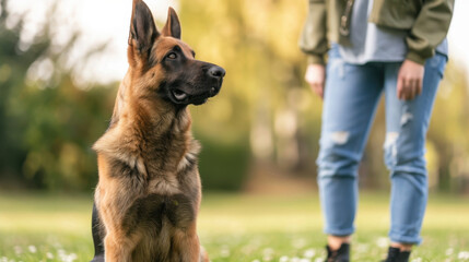 Canine behavior expert demonstrating advanced dog training methods to address behavioral issues, improve obedience, and relationship between dog and handler. Structured exercises and reinforcement.