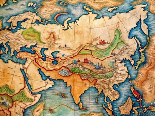Ancient illustration of the Mongolian Empire's vast territories, showcasing borders, trade routes, and key cities,