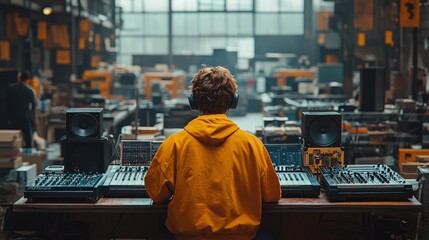 Fototapeta premium Music producer working in a warehouse studio setup.
