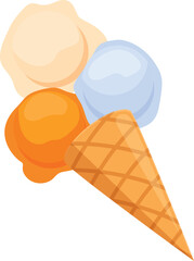 Three colorful scoops of ice cream melting and falling off a crunchy waffle cone