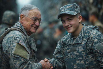 Fototapeta premium A veteran shaking hands with a young soldier, the passing of one generation to the next in front of a memorial wall.