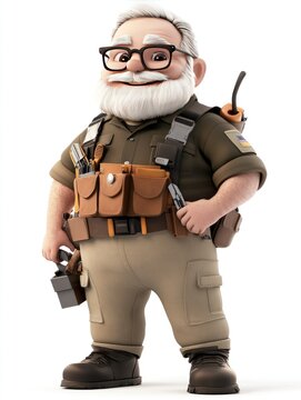 A cheerful cartoon character with glasses, a beard, and a utility vest, ready for adventure.