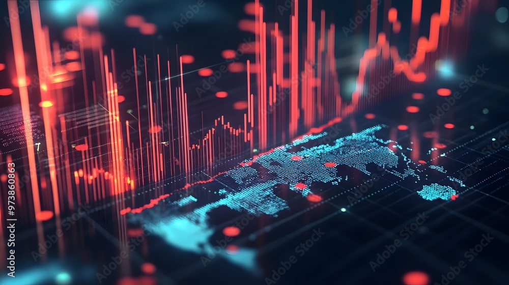 Poster abstract digital world map with red and blue data visualization
