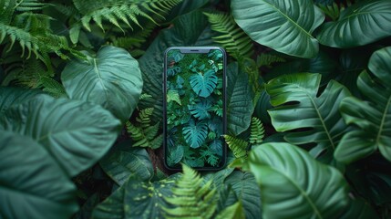 Obraz premium Smartphone Displaying Tropical Leaves Surrounded by Lush Green Foliage in a Natural Setting