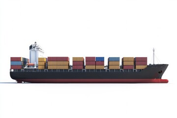 large container ship with numerous containers on the deck side view against a white background