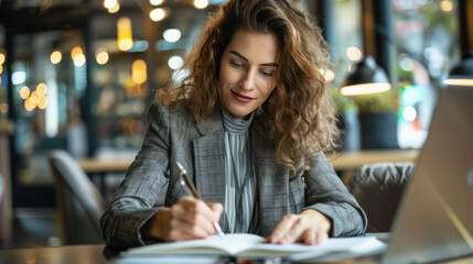 A woman in office clothes writing in a journal while sitting at a table 