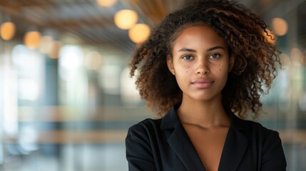 Obraz premium Confident Young Woman with Curly Hair in Modern Office Setting, Professional Portrait