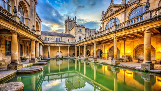 Ancient Roman architectural ruins of the Roman Baths, a historic site in Bath, England, surrounded by stone columns,
