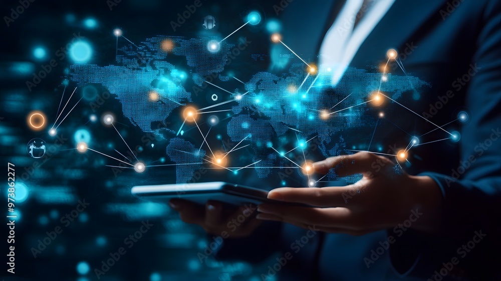 Poster a person interacting with a hologram of a connected world map