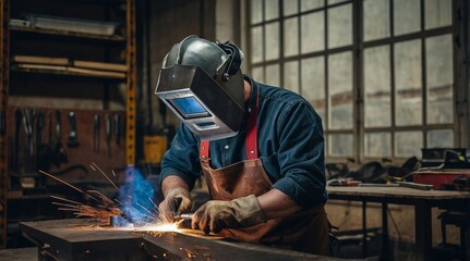 Man with mask welding metal in the atelier