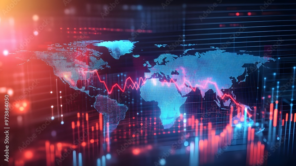 Poster global market fluctuations depicted with a world map and line graph