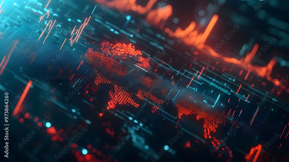 Poster abstract digital world map with red and blue data visualization