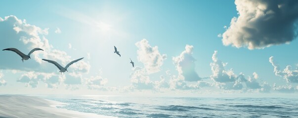 Serene Beach with Sandy Shoreline, Gentle Waves, and Seagulls Flying Under a Clear Blue Sky with Puffy Clouds