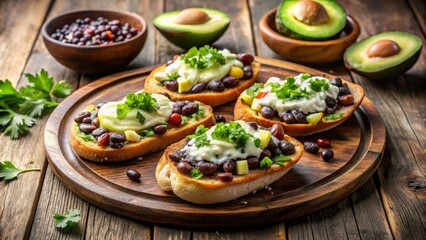 Traditional Guatemalan molletes with black beans, cheese, and avocado on a rustic wooden background