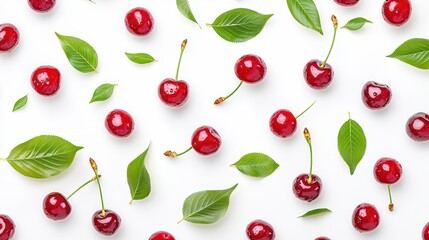 Fresh Red Cherries with Green Leaves on White Background