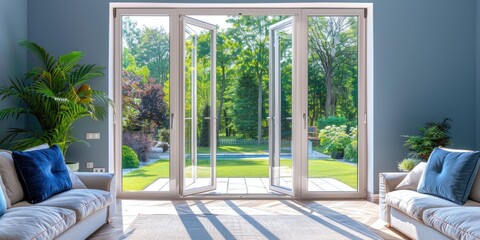 Fototapeta premium Chic designer space provides a glimpse of a lovely summer garden and patio via folding doors.