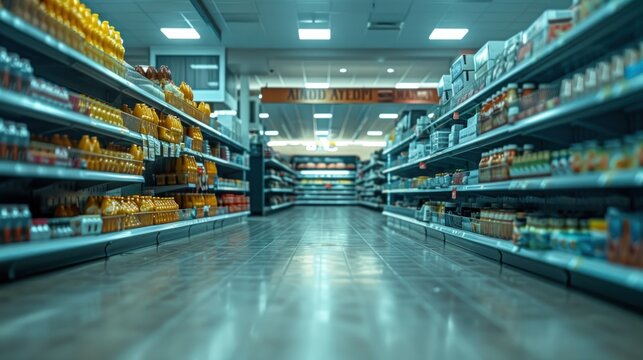 An empty grocery store interior with unstocked shelves in a contemporary supermarket, featuring ambient lighting and a sterile environment.