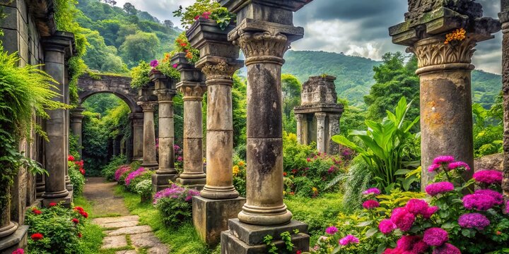 Ancient stone columns with ornate carvings stand tall amidst overgrown ruins, surrounded by lush greenery and vibrant