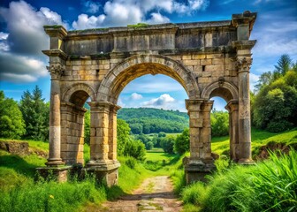 Ancient stone Roman arch stands proudly in a lush green landscape, its intricate carvings and weathered texture telling