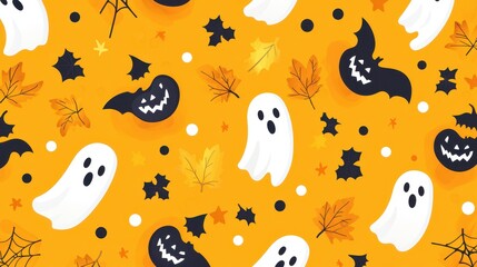 Fototapeta premium Halloween Ghosts Bats and Leaves Seamless Pattern Background