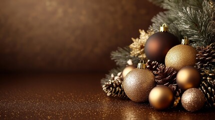 Festive chocolate and gold holiday decor, perfectly balanced on a smooth brown background that enhances the richness of the colors