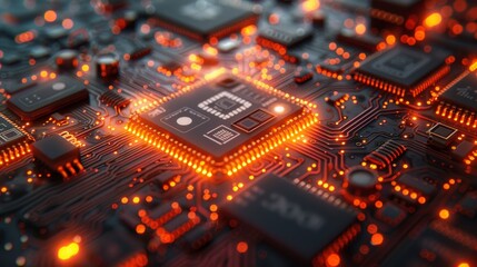 Fototapeta premium Futuristic Circuit Board with Glowing Microchips and Advanced Technology Elements