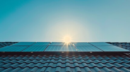 Sustainable Solar Energy with Blue Sky and Pitched Roof Solar Panels