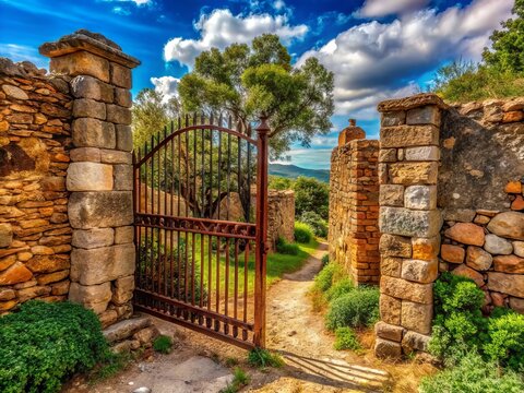Ancient stone walls and rusty iron gates adorn a rural landscape in the Castillian countryside, evoking a sense