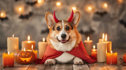 Corgi dog wearing devil horns and a red cape, surrounded by spooky candles, isolated background, Halloween theme