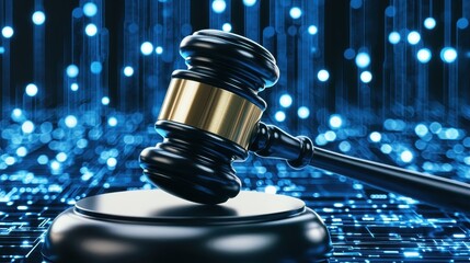 Digital Justice  Gavel on Abstract Blue Circuit Board