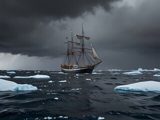 Obraz premium a ship with an iceberg in the background and a cloudy sky in the background.