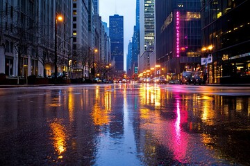 Obraz premium City street reflecting colorful lights after rain.