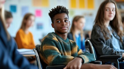 Inclusive education environment with diverse students, including those with disabilities, in a high school setting,