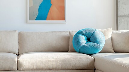 Bright living room with a turquois pillow on a big sofa and abstract art.