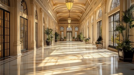 Fototapeta premium Luxurious Sunlit Hallway with Marble Floors and Elegant Architectural Details in a Grand Building