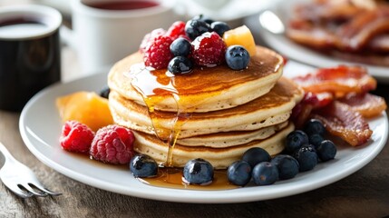 Juicy breakfast spread with pancakes, fresh berries, syrup, and a side of bacon