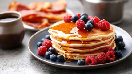 Juicy breakfast spread with pancakes, fresh berries, syrup, and a side of bacon