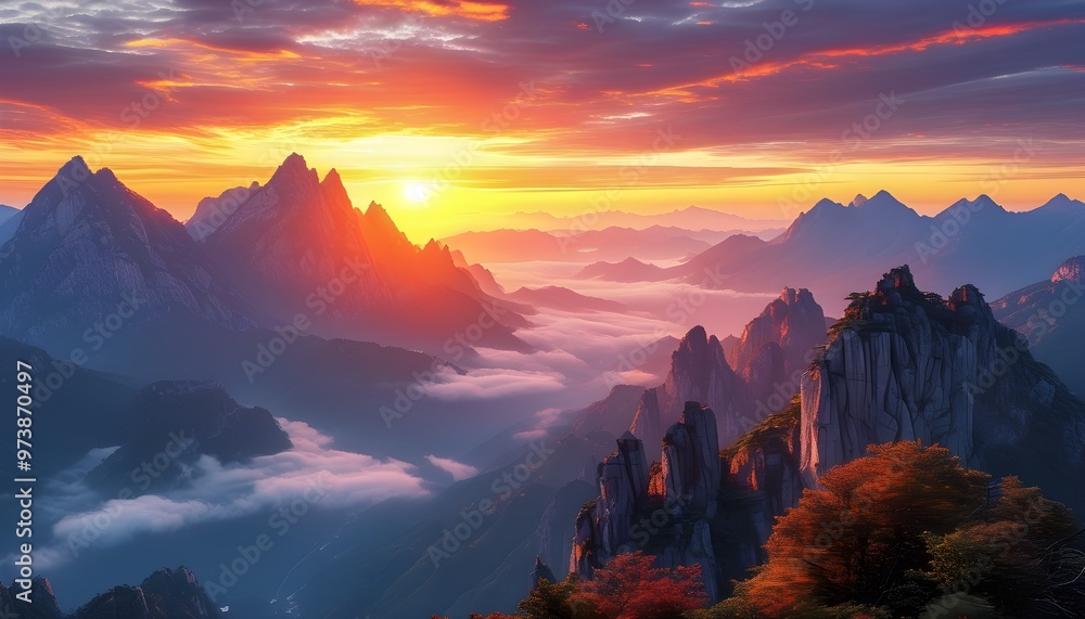 Wall mural Majestic mountain peak at sunset with vibrant hues and mist-covered valleys creating a breathtaking landscape